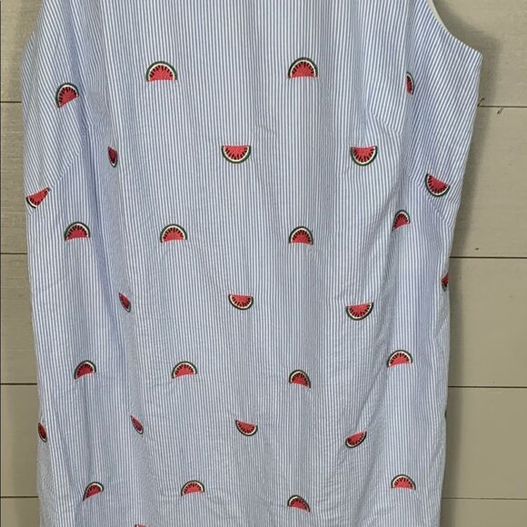 Talbots NWT seersucker Blue striped Watermelon embroidered dress size 14 $119 - Picture 3 of 12